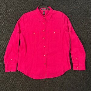 Lauren Ralph Lauren Linen Nautical Shirt Women L Pink Roll Tab Crest Button